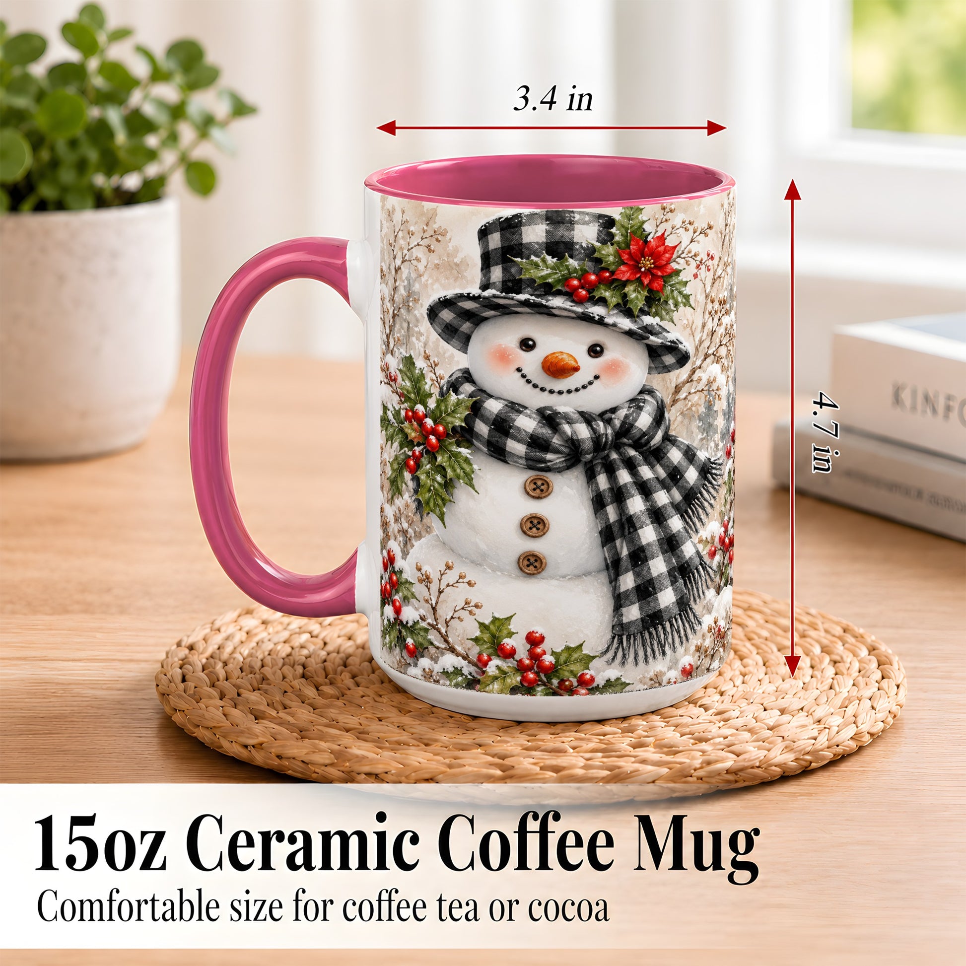 #pl[15oz|Pink] Plaid Snowman Coffee Mug, Farmhouse Christmas Mug, Ceramic Cup