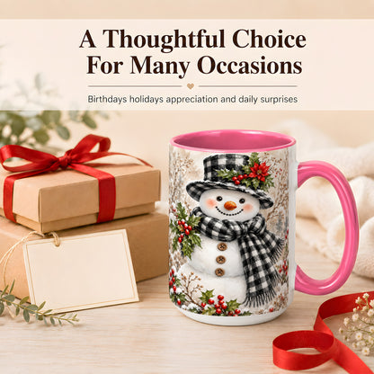 #pl[15oz|Pink] Plaid Snowman Coffee Mug, Farmhouse Christmas Mug, Ceramic Cup
