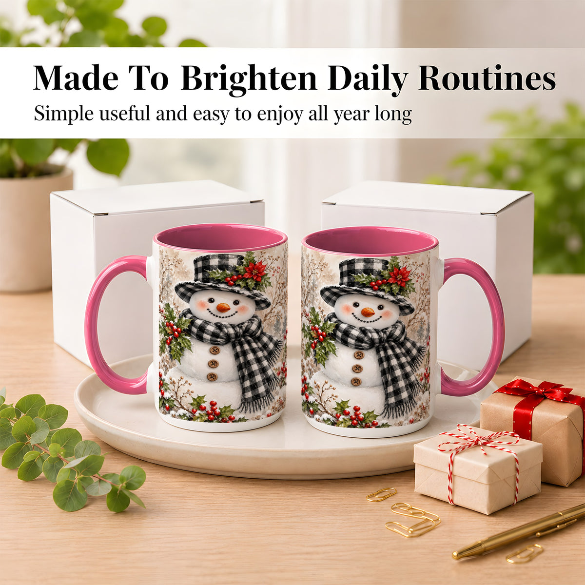 #pl[15oz|Pink] Plaid Snowman Coffee Mug, Farmhouse Christmas Mug, Ceramic Cup