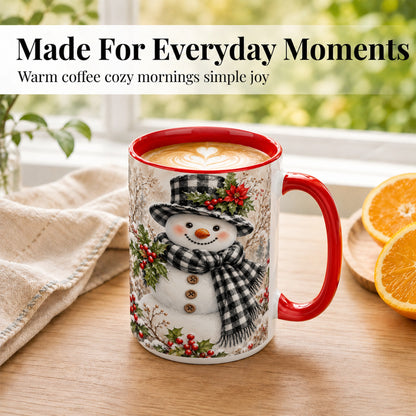 #pl[15oz|Red] Plaid Snowman Coffee Mug, Farmhouse Christmas Mug, Ceramic Cup