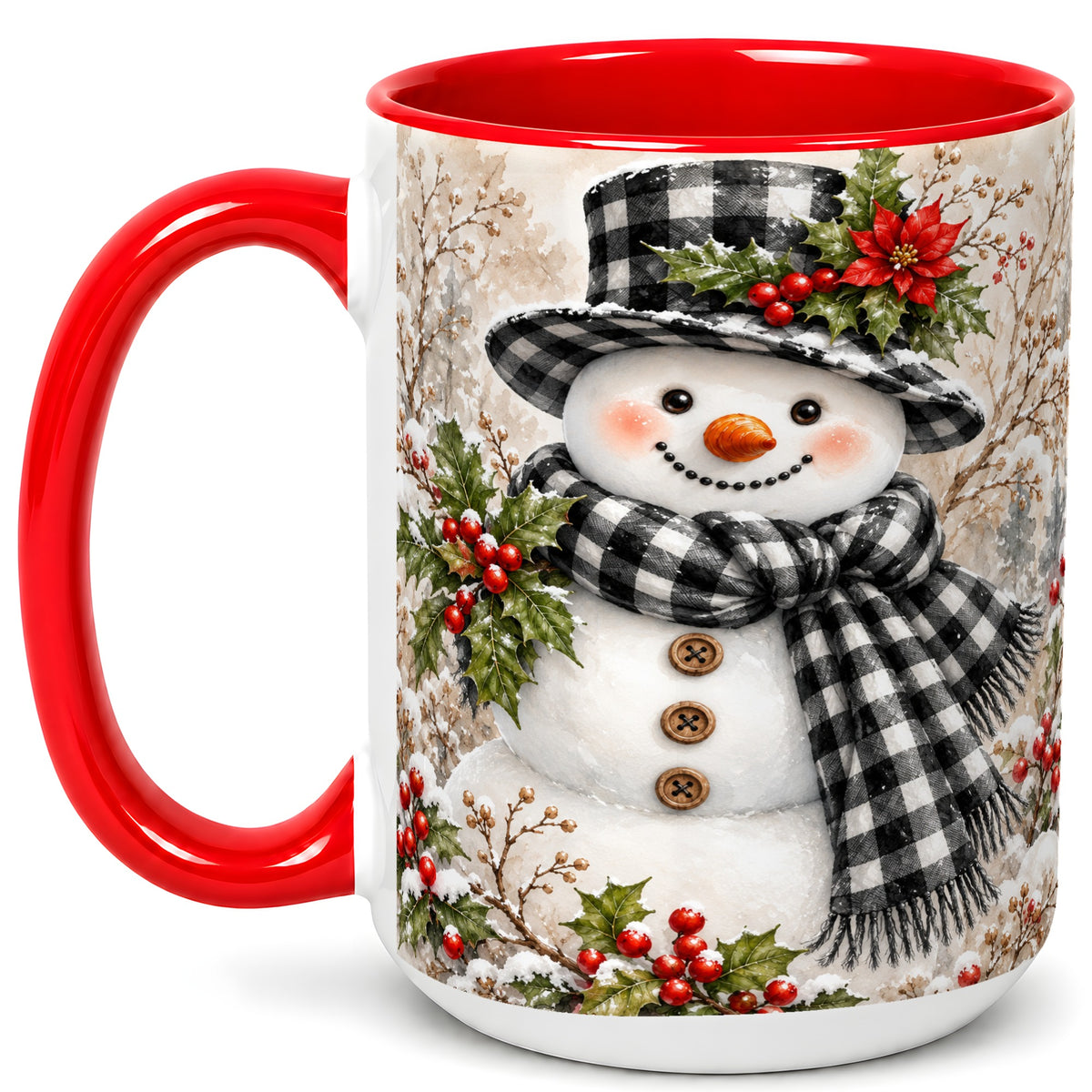 #pl[15oz|Red] Plaid Snowman Coffee Mug, Farmhouse Christmas Mug, Ceramic Cup