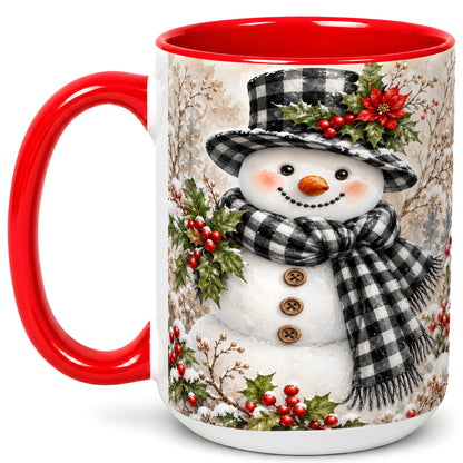 #pl[15oz|Red] Plaid Snowman Coffee Mug, Farmhouse Christmas Mug, Ceramic Cup