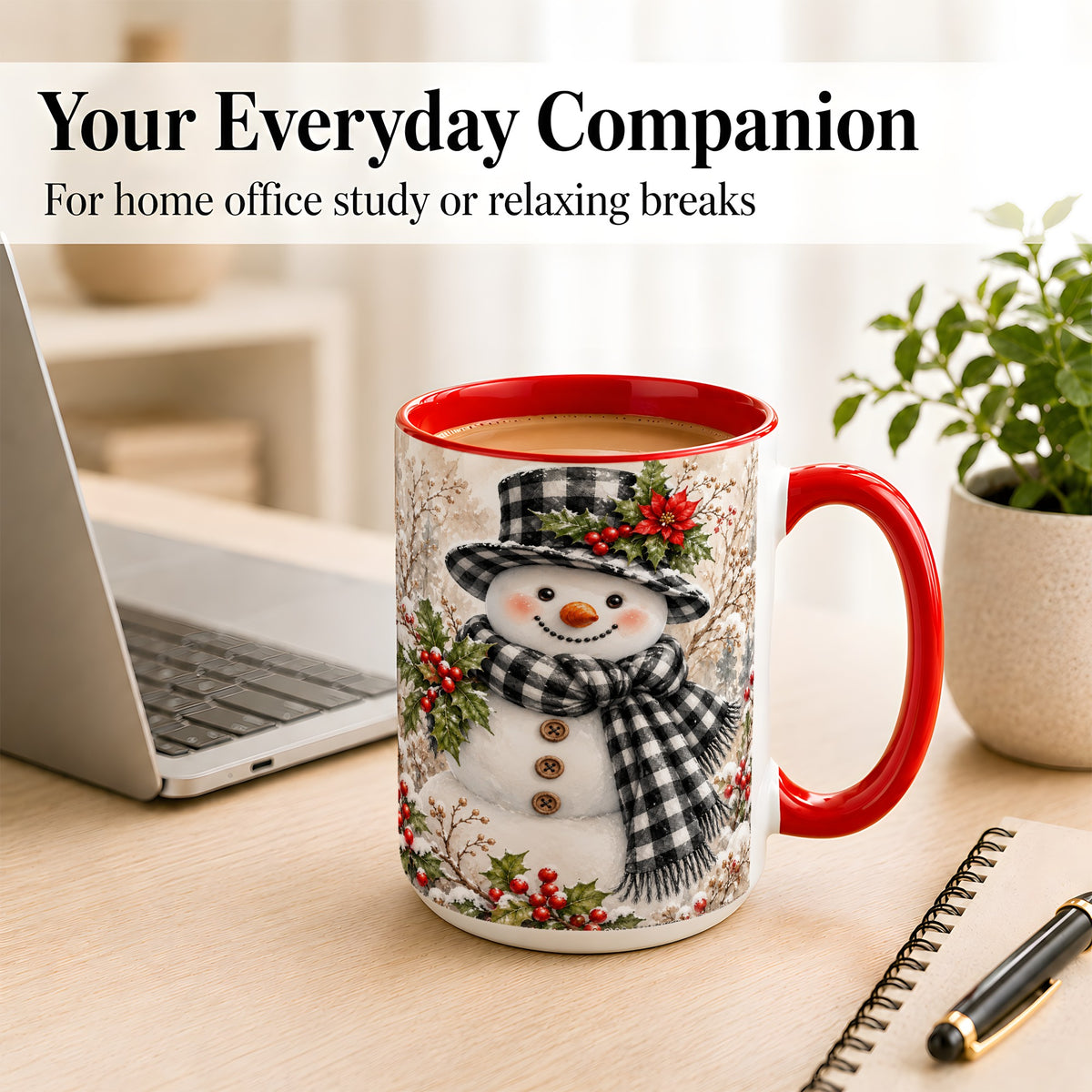 #pl[15oz|Red] Plaid Snowman Coffee Mug, Farmhouse Christmas Mug, Ceramic Cup