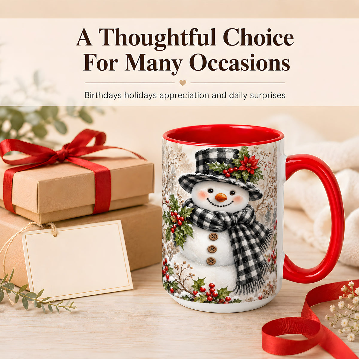 #pl[15oz|Red] Plaid Snowman Coffee Mug, Farmhouse Christmas Mug, Ceramic Cup