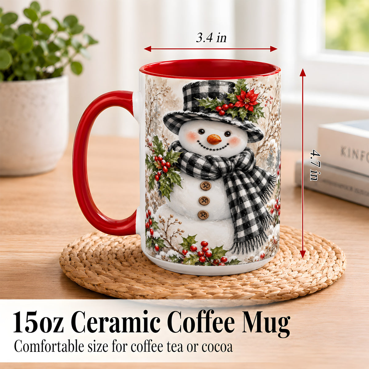 #pl[15oz|Red] Plaid Snowman Coffee Mug, Farmhouse Christmas Mug, Ceramic Cup