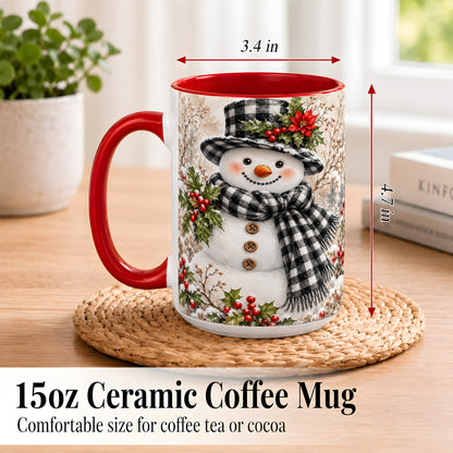 #pl[15oz|Red] Plaid Snowman Coffee Mug, Farmhouse Christmas Mug, Ceramic Cup
