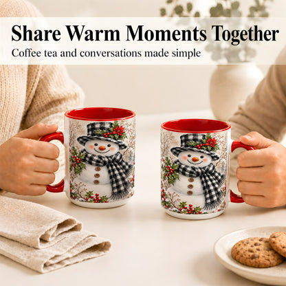 #pl[15oz|Red] Plaid Snowman Coffee Mug, Farmhouse Christmas Mug, Ceramic Cup