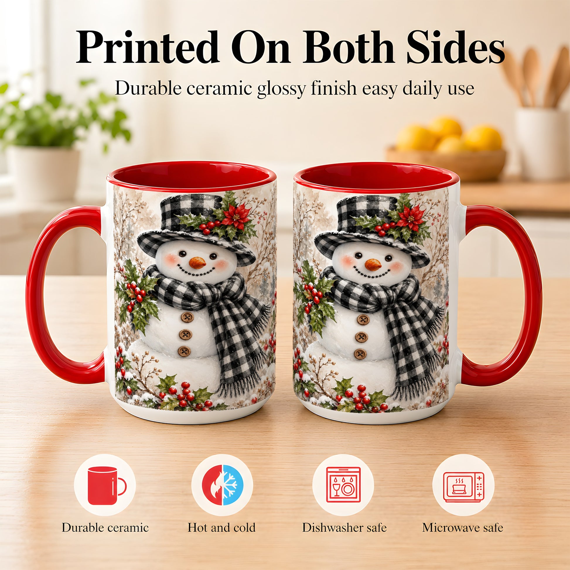 #pl[15oz|Red] Plaid Snowman Coffee Mug, Farmhouse Christmas Mug, Ceramic Cup
