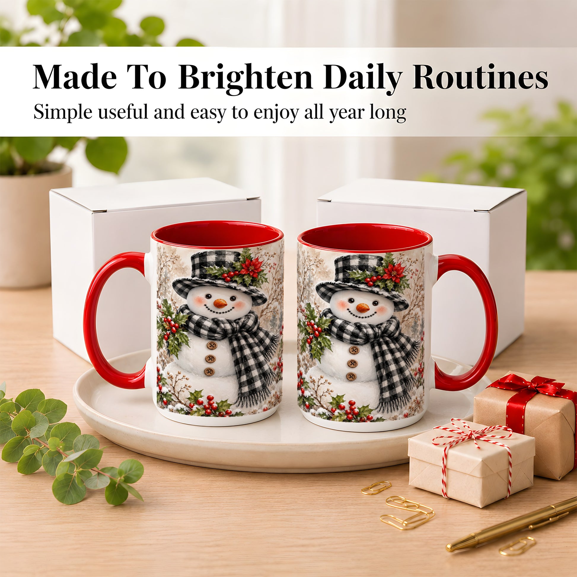 #pl[15oz|Red] Plaid Snowman Coffee Mug, Farmhouse Christmas Mug, Ceramic Cup