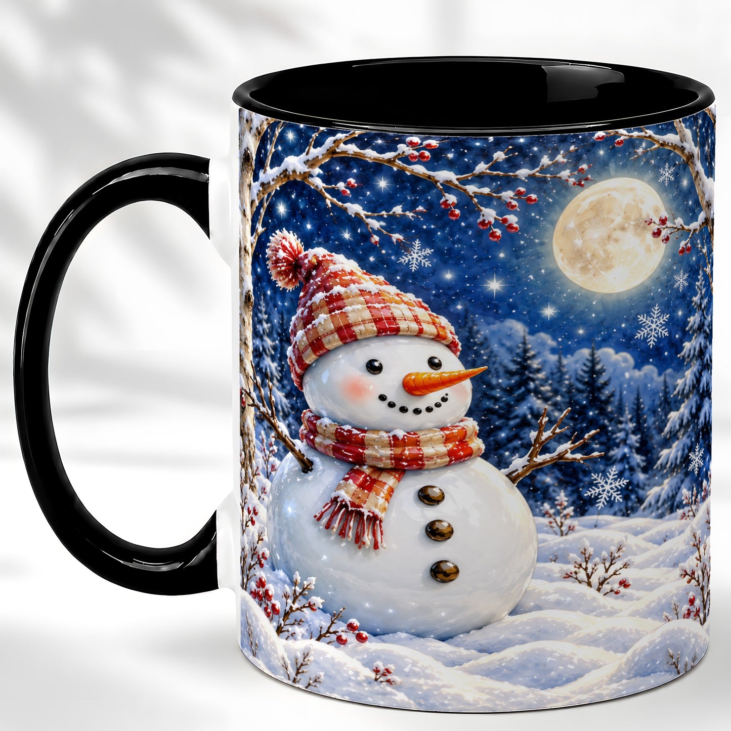 #pl[11oz|Black] Moon Snowman Coffee Mug, Snowy Forest Winter Mug, Ceramic Cup