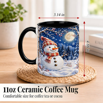#pl[11oz|Black] Moon Snowman Coffee Mug, Snowy Forest Winter Mug, Ceramic Cup