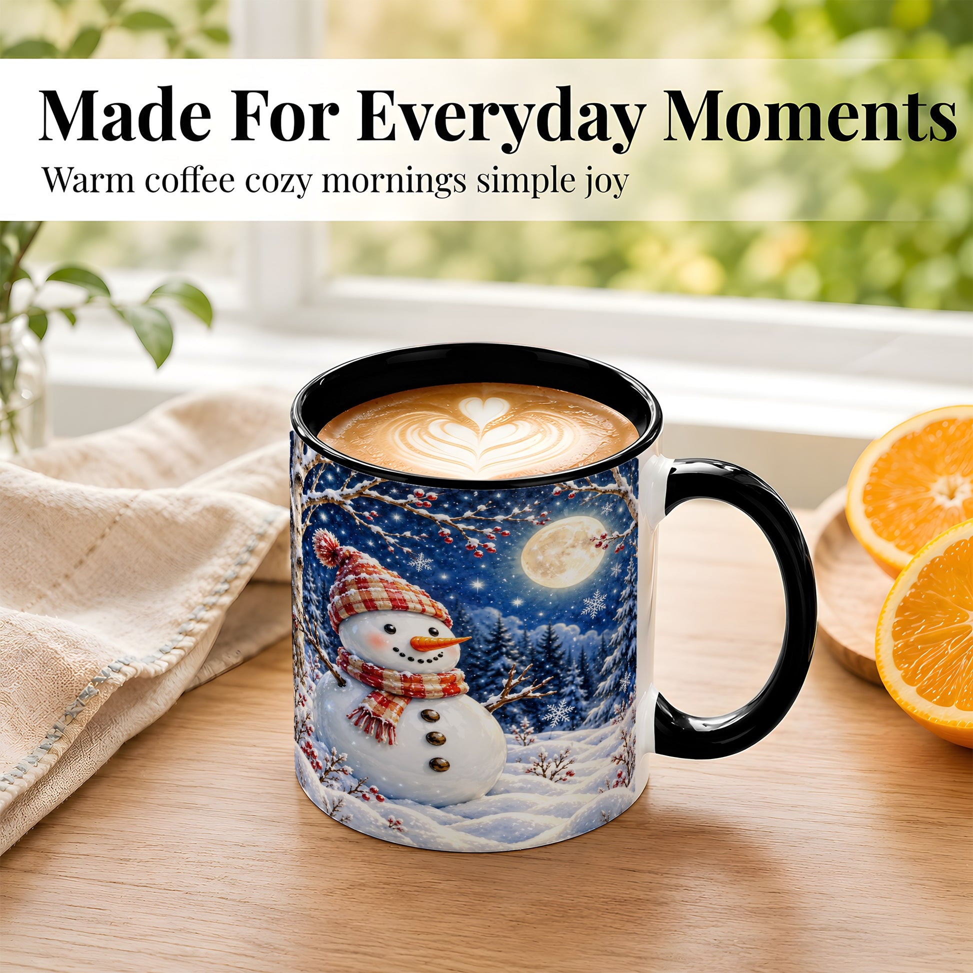 #pl[11oz|Black] Moon Snowman Coffee Mug, Snowy Forest Winter Mug, Ceramic Cup