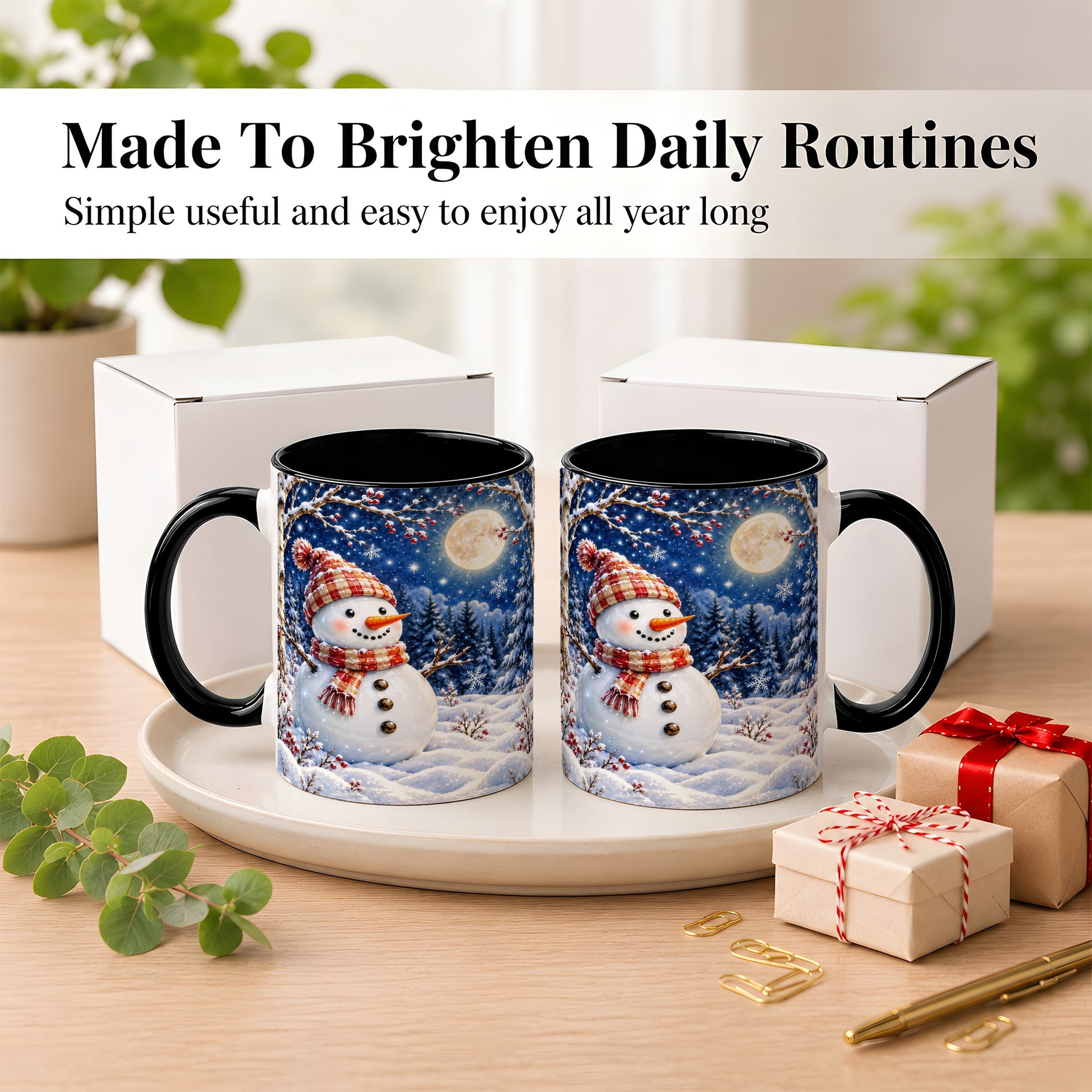 #pl[11oz|Black] Moon Snowman Coffee Mug, Snowy Forest Winter Mug, Ceramic Cup