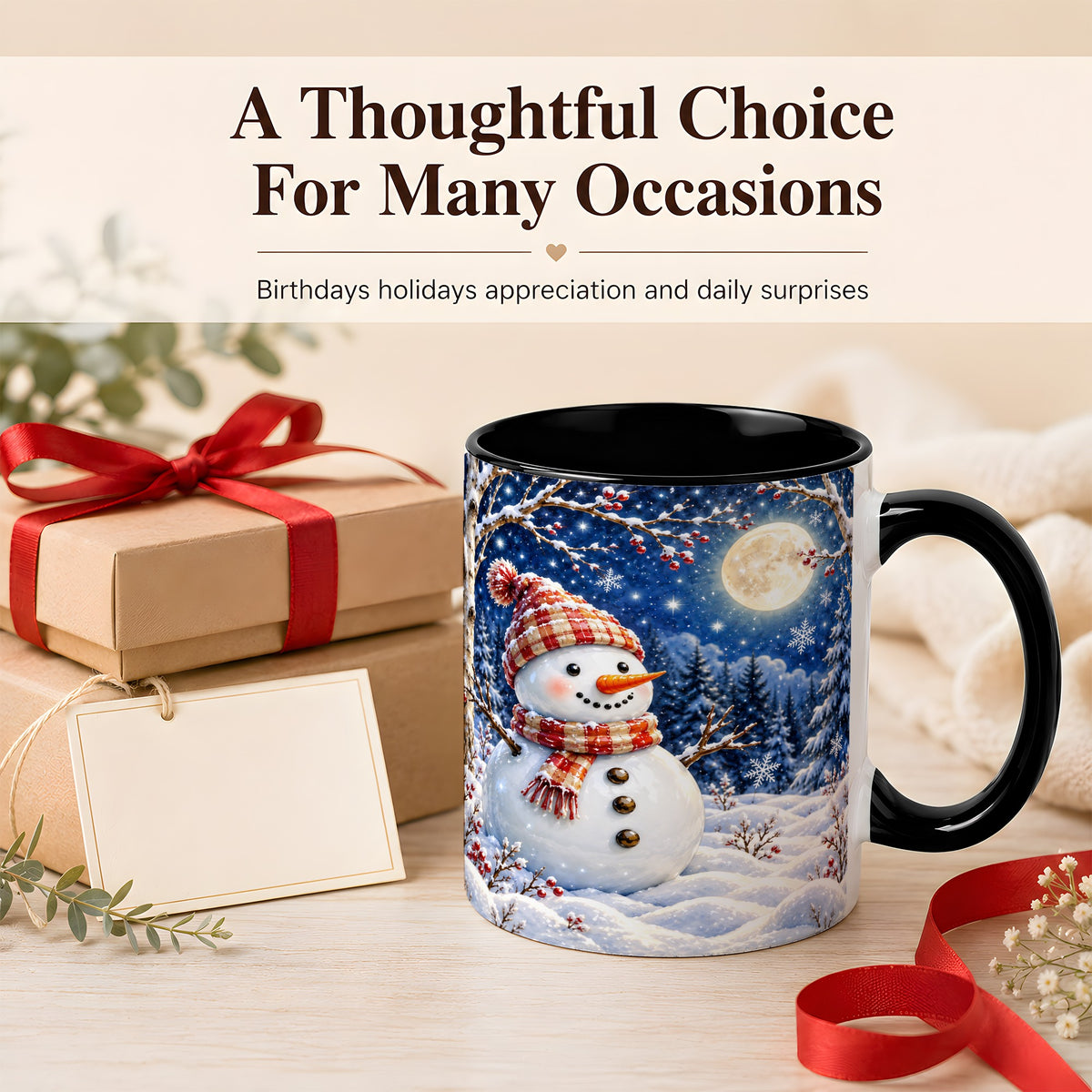 #pl[11oz|Black] Moon Snowman Coffee Mug, Snowy Forest Winter Mug, Ceramic Cup
