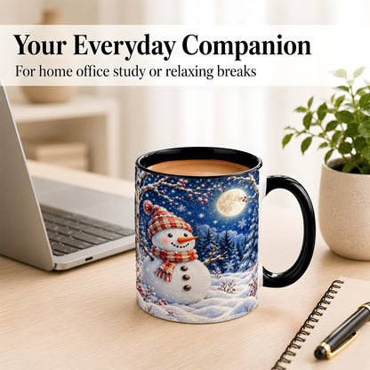 #pl[11oz|Black] Moon Snowman Coffee Mug, Snowy Forest Winter Mug, Ceramic Cup