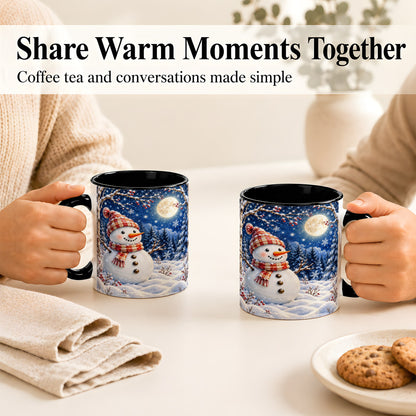 #pl[11oz|Black] Moon Snowman Coffee Mug, Snowy Forest Winter Mug, Ceramic Cup