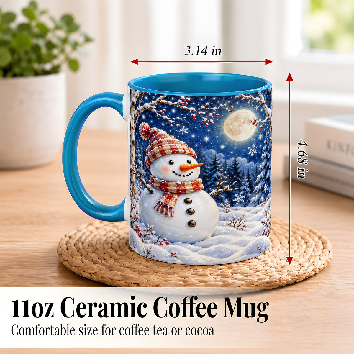 #pl[11oz|Blue] Moon Snowman Coffee Mug, Snowy Forest Winter Mug, Ceramic Cup