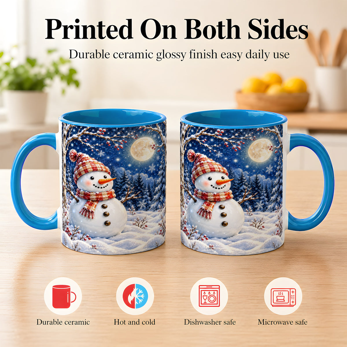 #pl[11oz|Blue] Moon Snowman Coffee Mug, Snowy Forest Winter Mug, Ceramic Cup