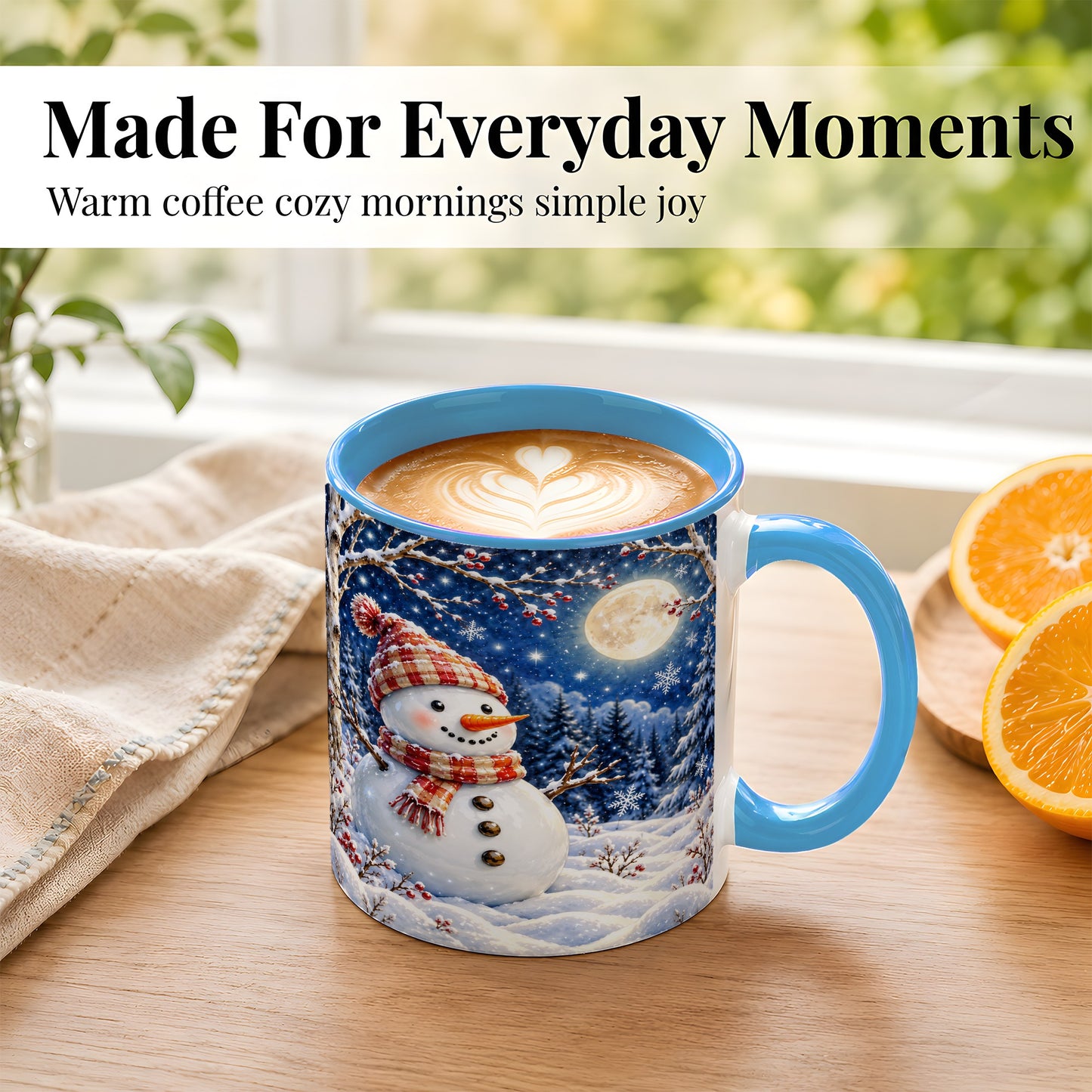 #pl[11oz|Blue] Moon Snowman Coffee Mug, Snowy Forest Winter Mug, Ceramic Cup