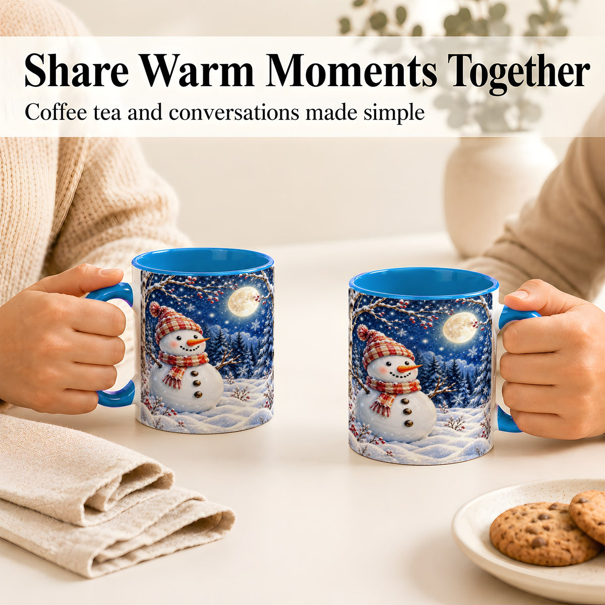 #pl[11oz|Blue] Moon Snowman Coffee Mug, Snowy Forest Winter Mug, Ceramic Cup
