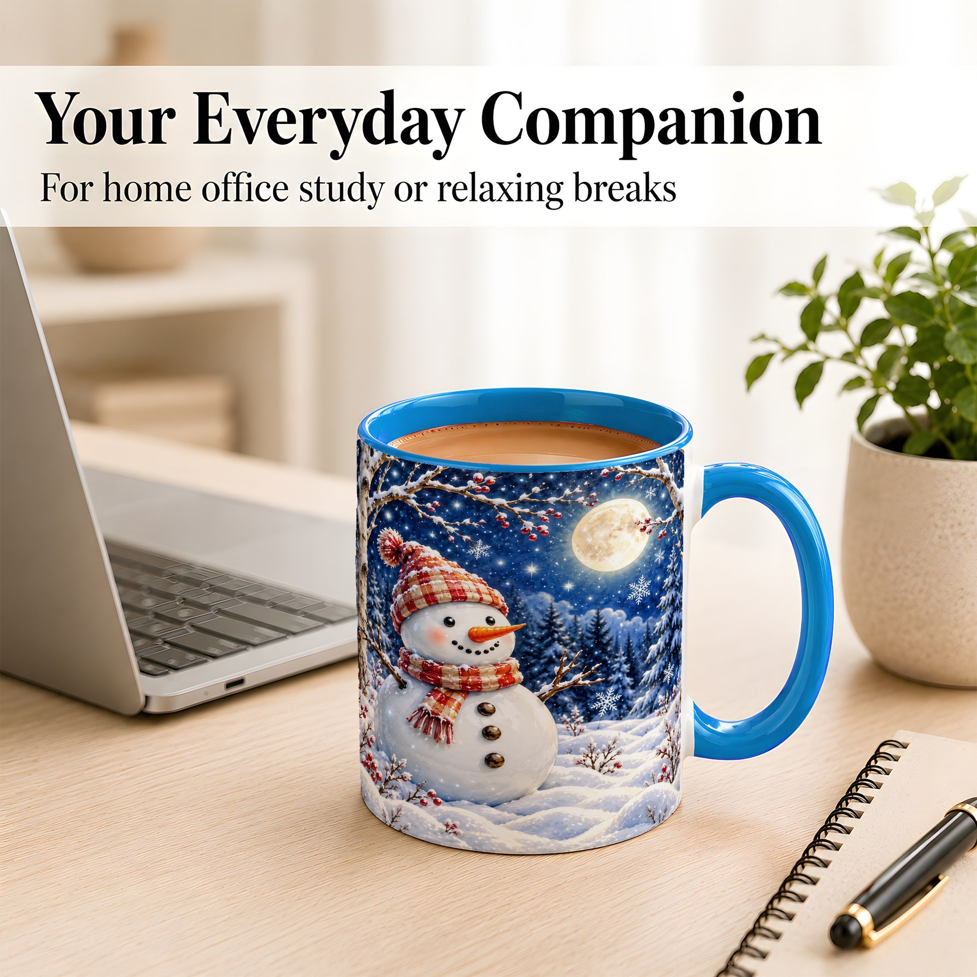 #pl[11oz|Blue] Moon Snowman Coffee Mug, Snowy Forest Winter Mug, Ceramic Cup