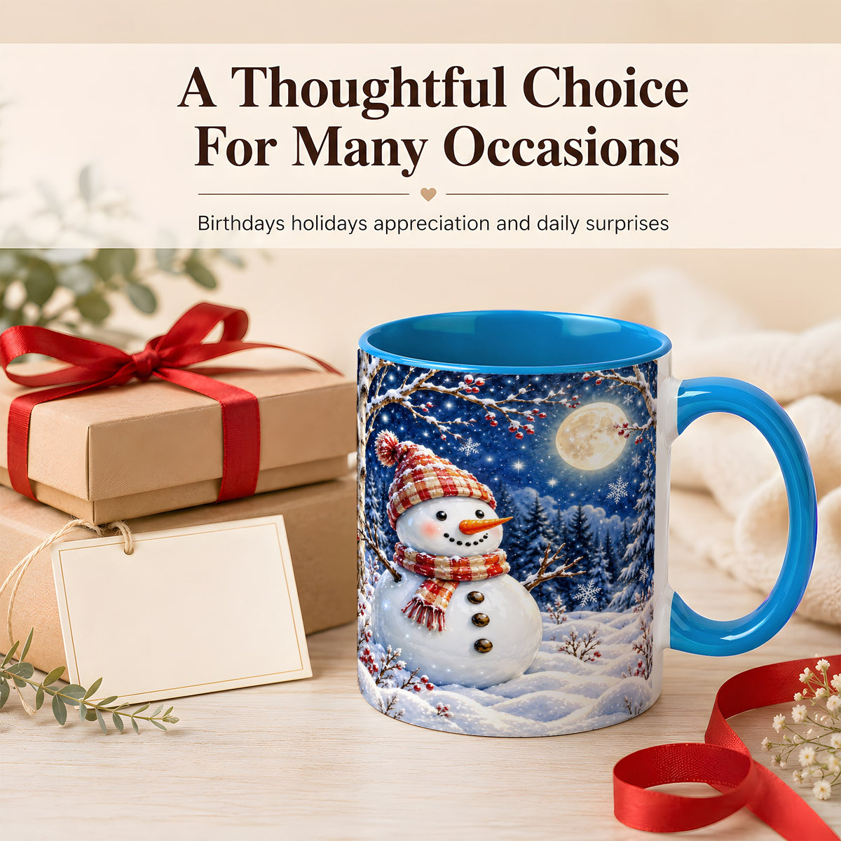 #pl[11oz|Blue] Moon Snowman Coffee Mug, Snowy Forest Winter Mug, Ceramic Cup