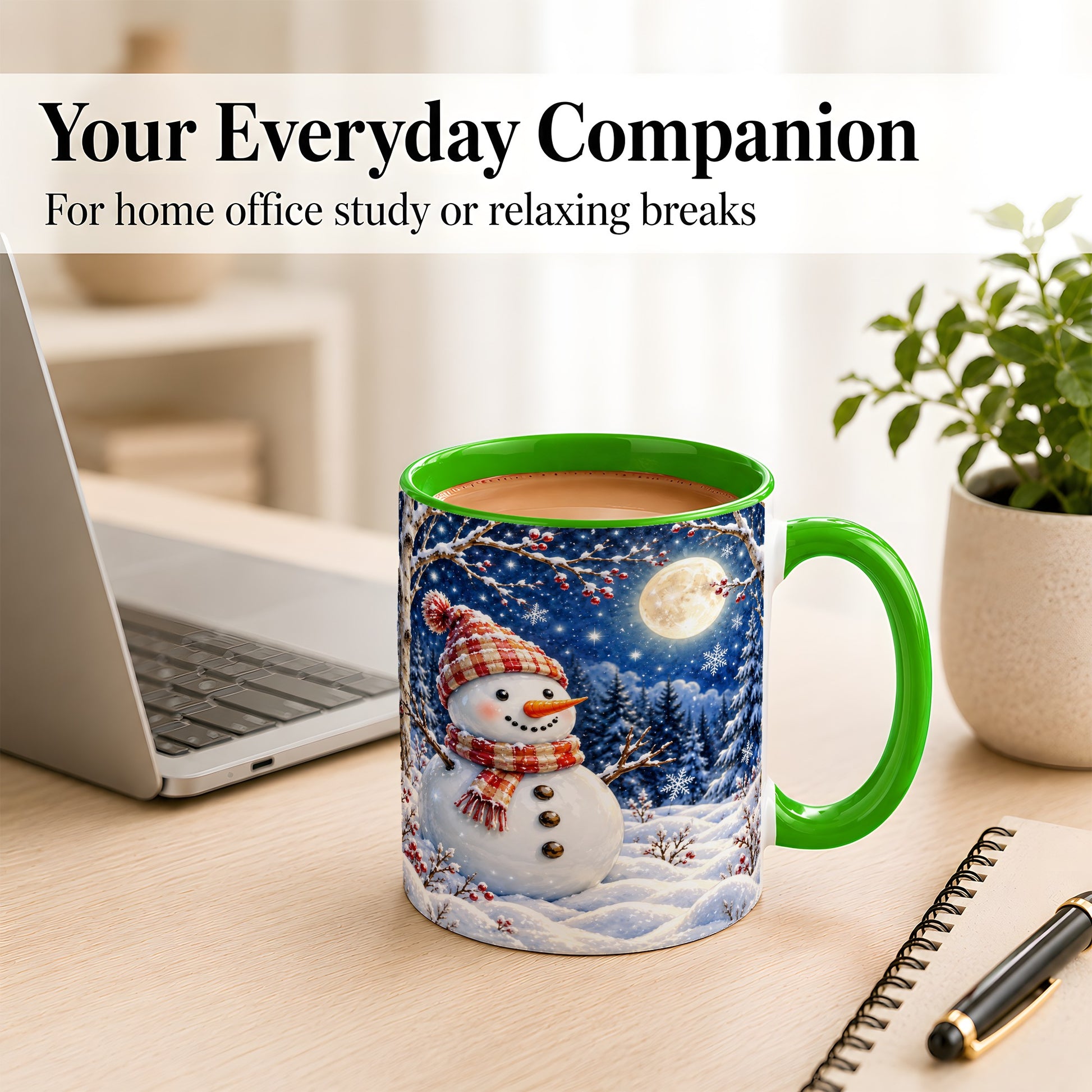 #pl[11oz|Green] Moon Snowman Coffee Mug, Snowy Forest Winter Mug, Ceramic Cup