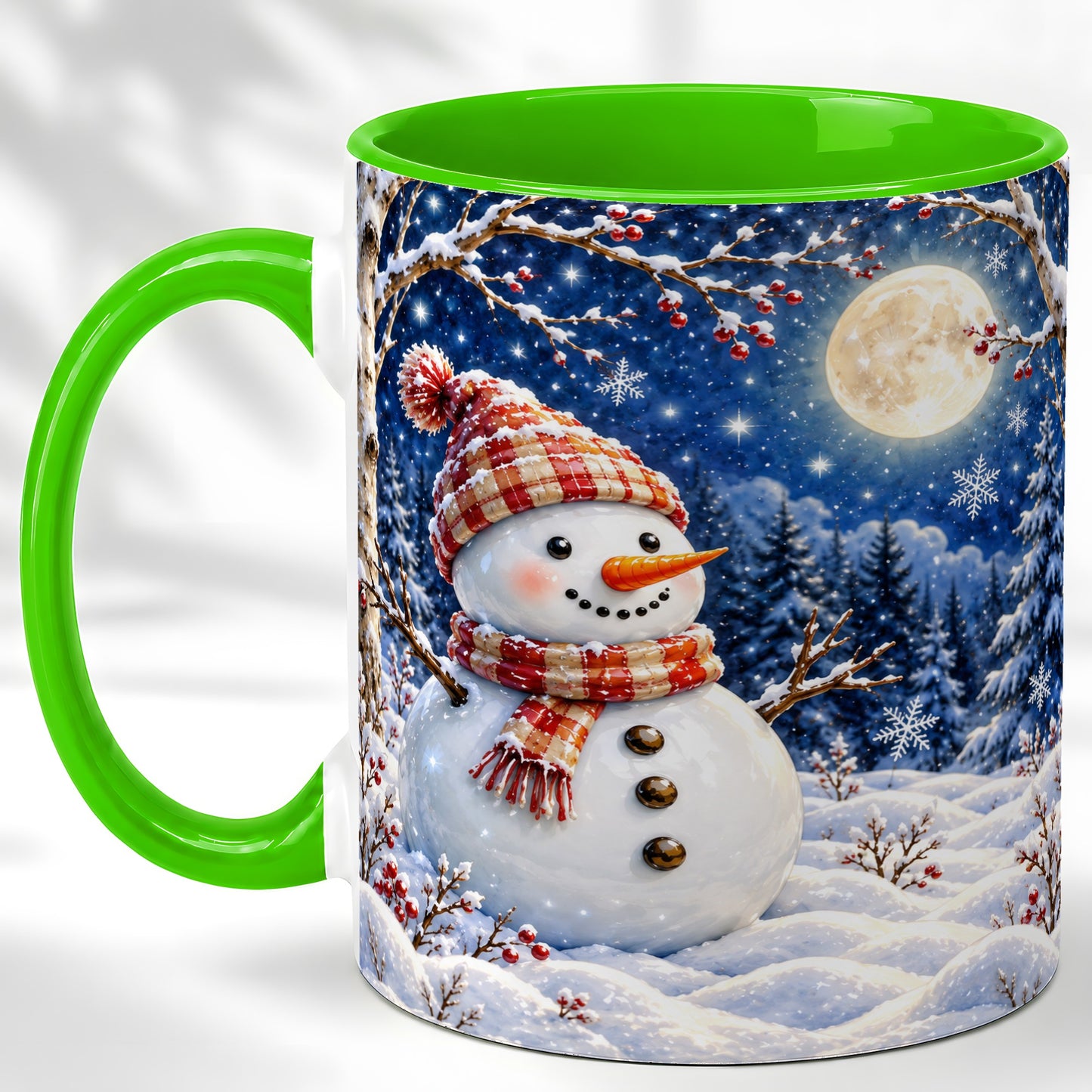 #pl[11oz|Green] Moon Snowman Coffee Mug, Snowy Forest Winter Mug, Ceramic Cup