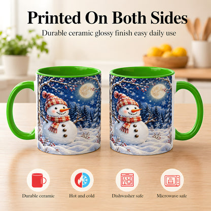 #pl[11oz|Green] Moon Snowman Coffee Mug, Snowy Forest Winter Mug, Ceramic Cup