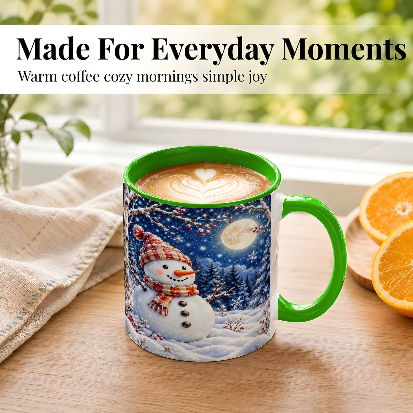 #pl[11oz|Green] Moon Snowman Coffee Mug, Snowy Forest Winter Mug, Ceramic Cup