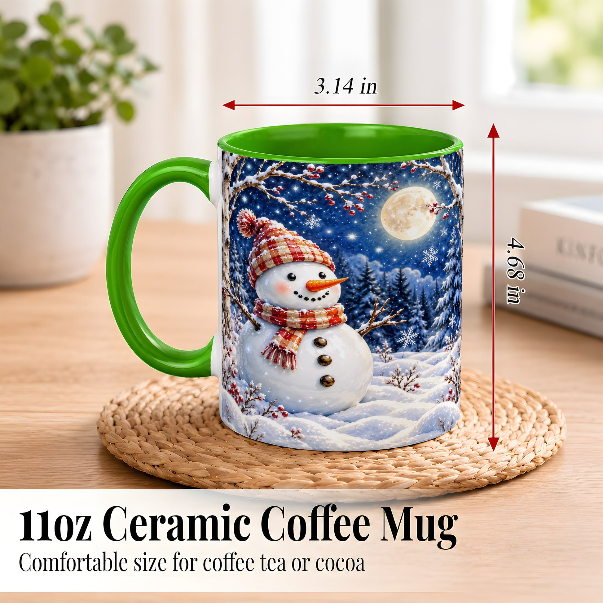 #pl[11oz|Green] Moon Snowman Coffee Mug, Snowy Forest Winter Mug, Ceramic Cup
