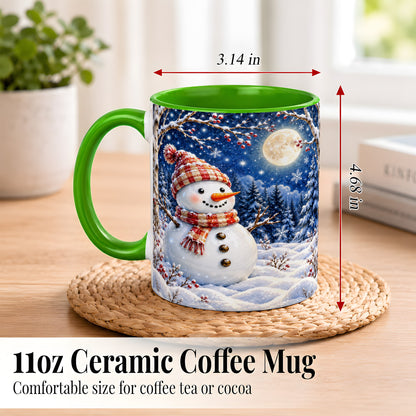#pl[11oz|Green] Moon Snowman Coffee Mug, Snowy Forest Winter Mug, Ceramic Cup