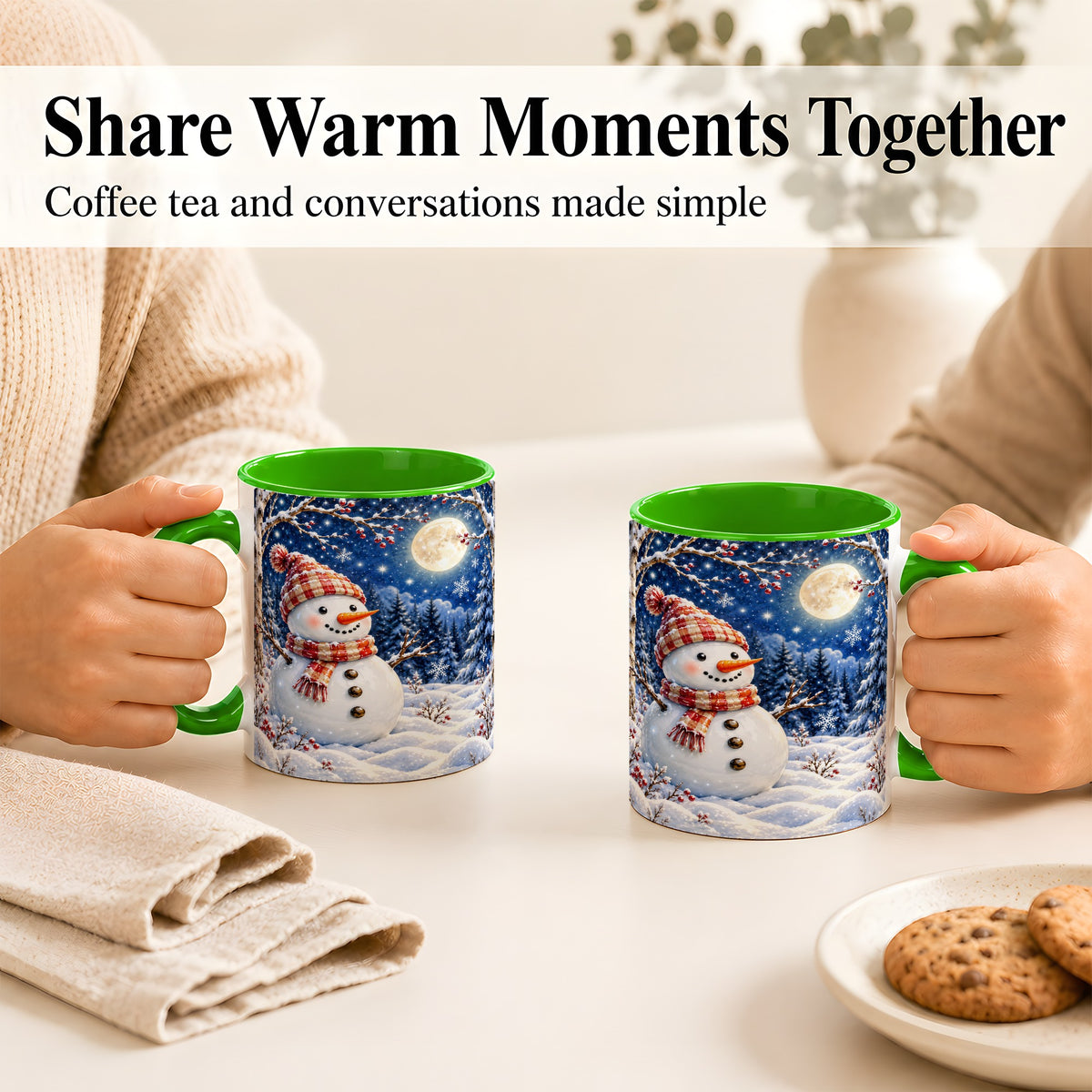 #pl[11oz|Green] Moon Snowman Coffee Mug, Snowy Forest Winter Mug, Ceramic Cup