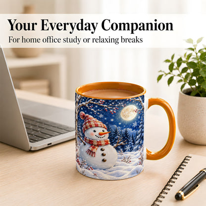 #pl[11oz|Orange] Moon Snowman Coffee Mug, Snowy Forest Winter Mug, Ceramic Cup