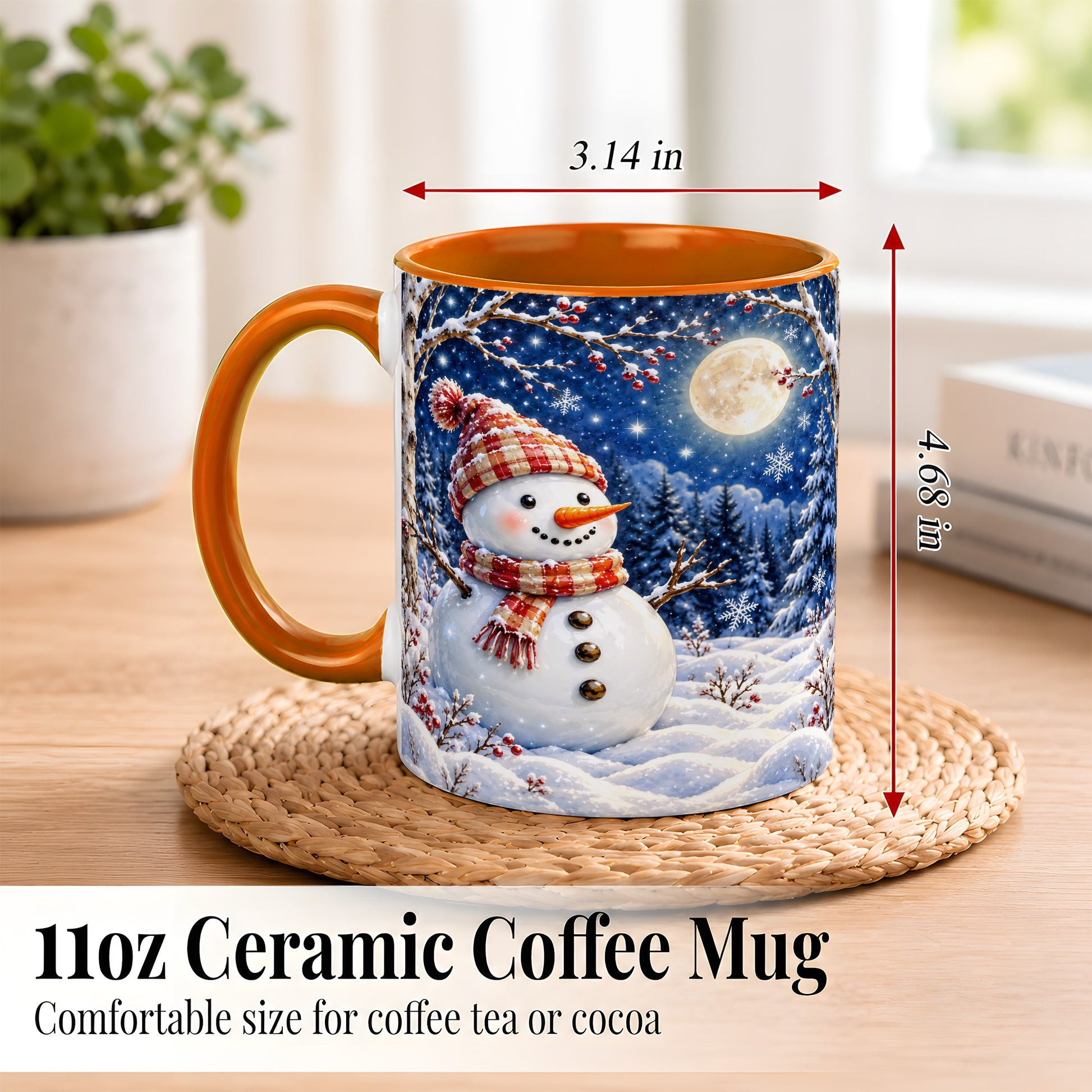 #pl[11oz|Orange] Moon Snowman Coffee Mug, Snowy Forest Winter Mug, Ceramic Cup