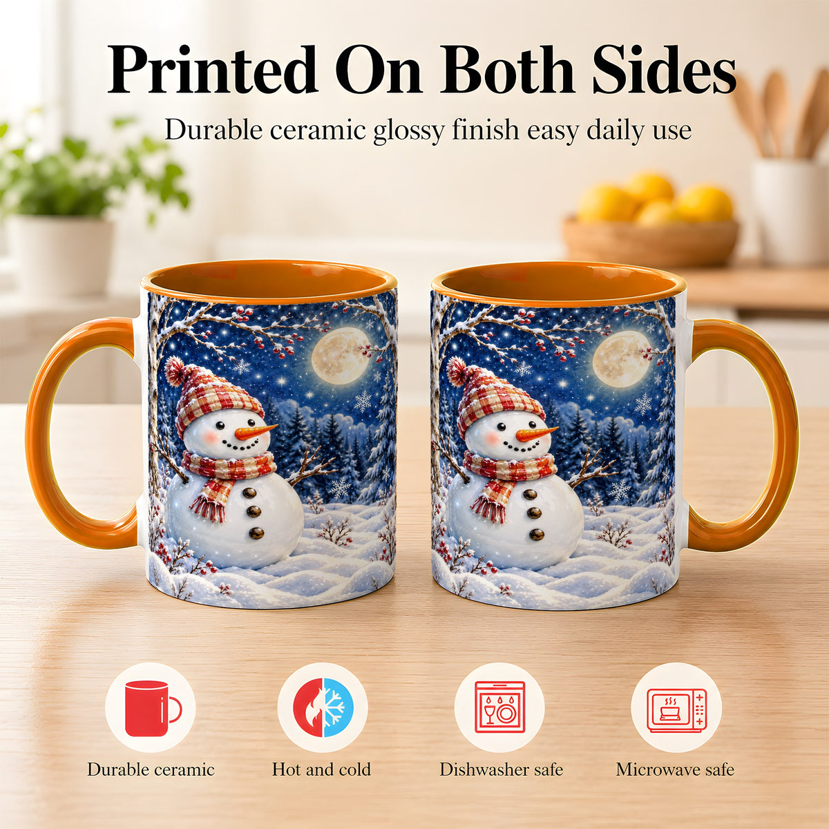 #pl[11oz|Orange] Moon Snowman Coffee Mug, Snowy Forest Winter Mug, Ceramic Cup