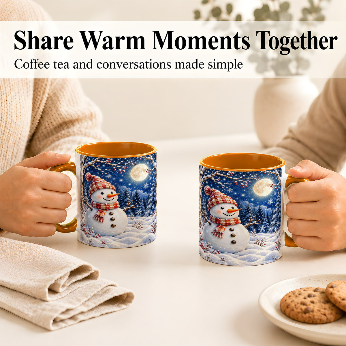 #pl[11oz|Orange] Moon Snowman Coffee Mug, Snowy Forest Winter Mug, Ceramic Cup