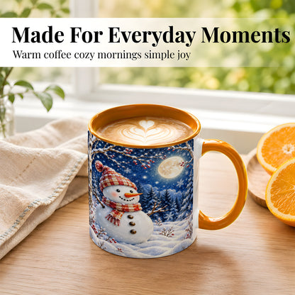#pl[11oz|Orange] Moon Snowman Coffee Mug, Snowy Forest Winter Mug, Ceramic Cup