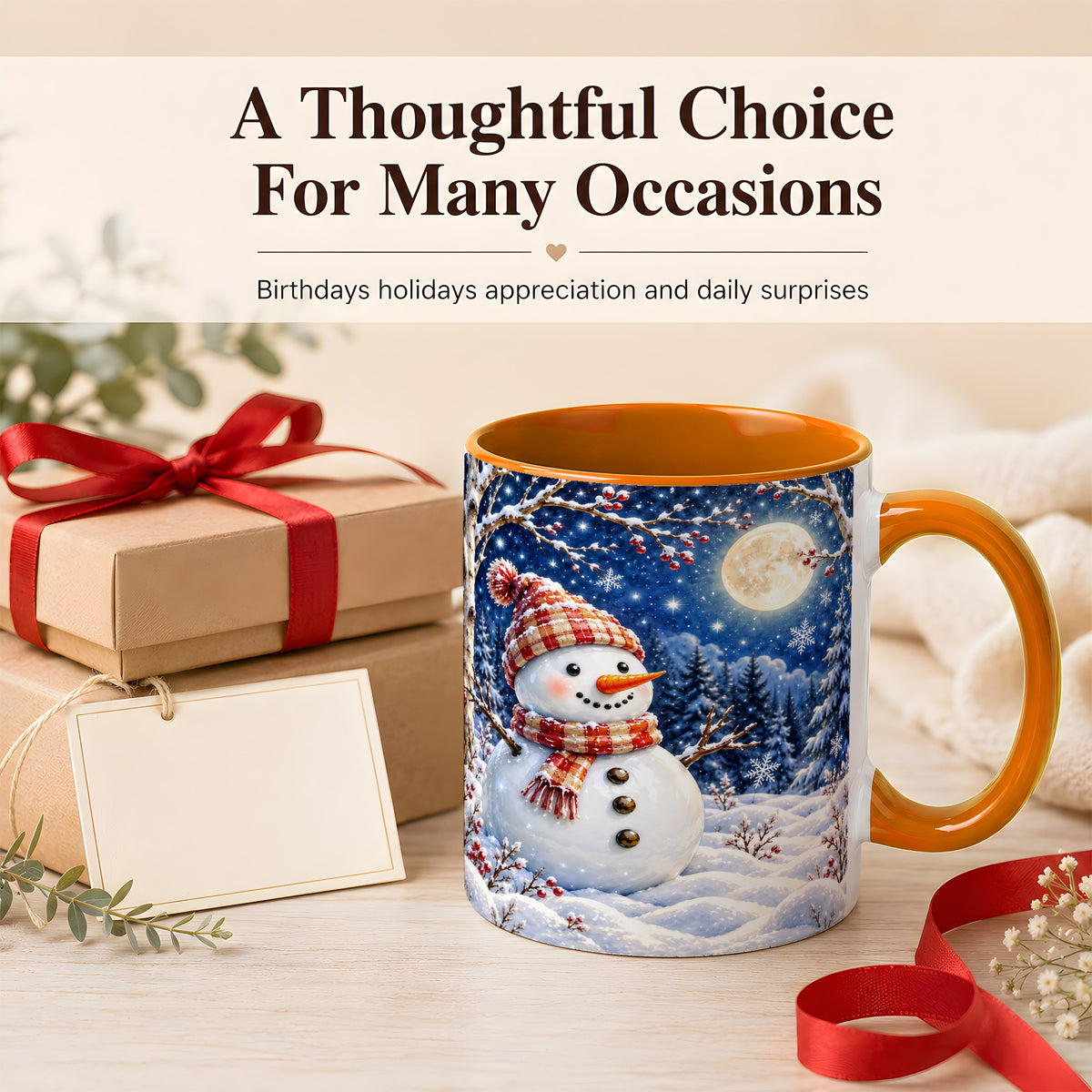 #pl[11oz|Orange] Moon Snowman Coffee Mug, Snowy Forest Winter Mug, Ceramic Cup