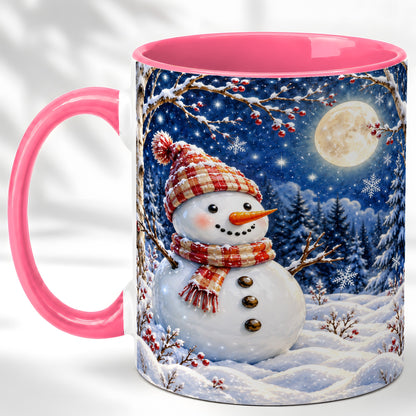 #pl[11oz|Pink] Moon Snowman Coffee Mug, Snowy Forest Winter Mug, Ceramic Cup