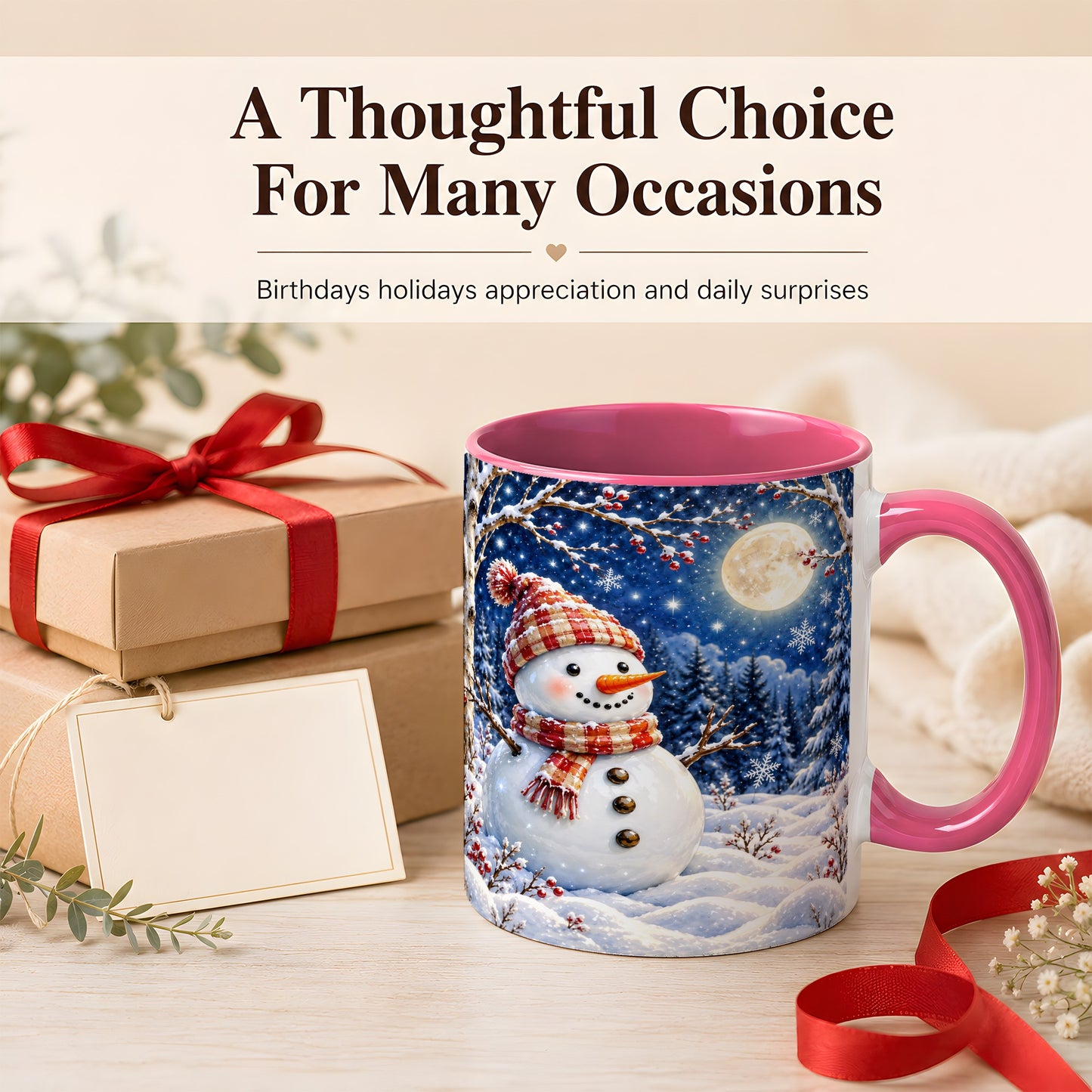 #pl[11oz|Pink] Moon Snowman Coffee Mug, Snowy Forest Winter Mug, Ceramic Cup