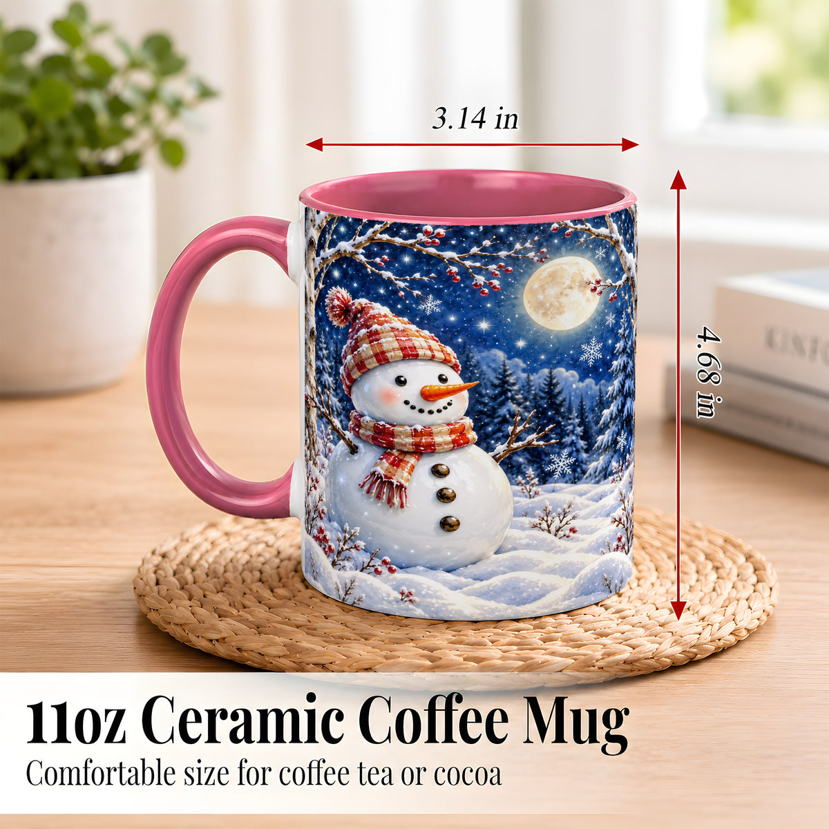 #pl[11oz|Pink] Moon Snowman Coffee Mug, Snowy Forest Winter Mug, Ceramic Cup