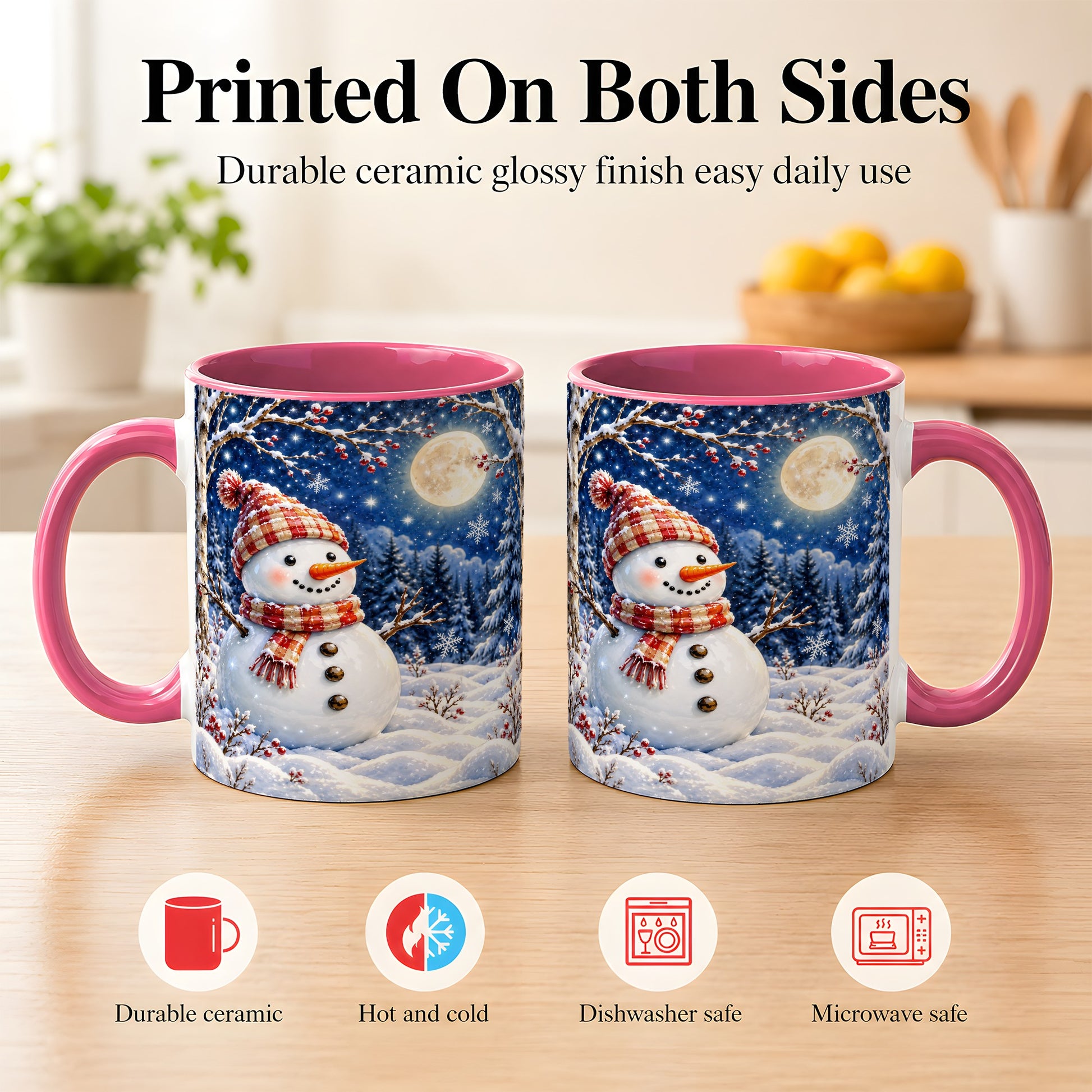#pl[11oz|Pink] Moon Snowman Coffee Mug, Snowy Forest Winter Mug, Ceramic Cup