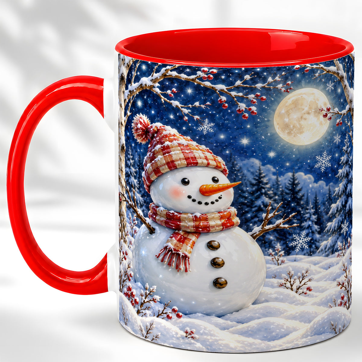 Moon Snowman Coffee Mug, Snowy Forest Winter Mug, Ceramic Cup