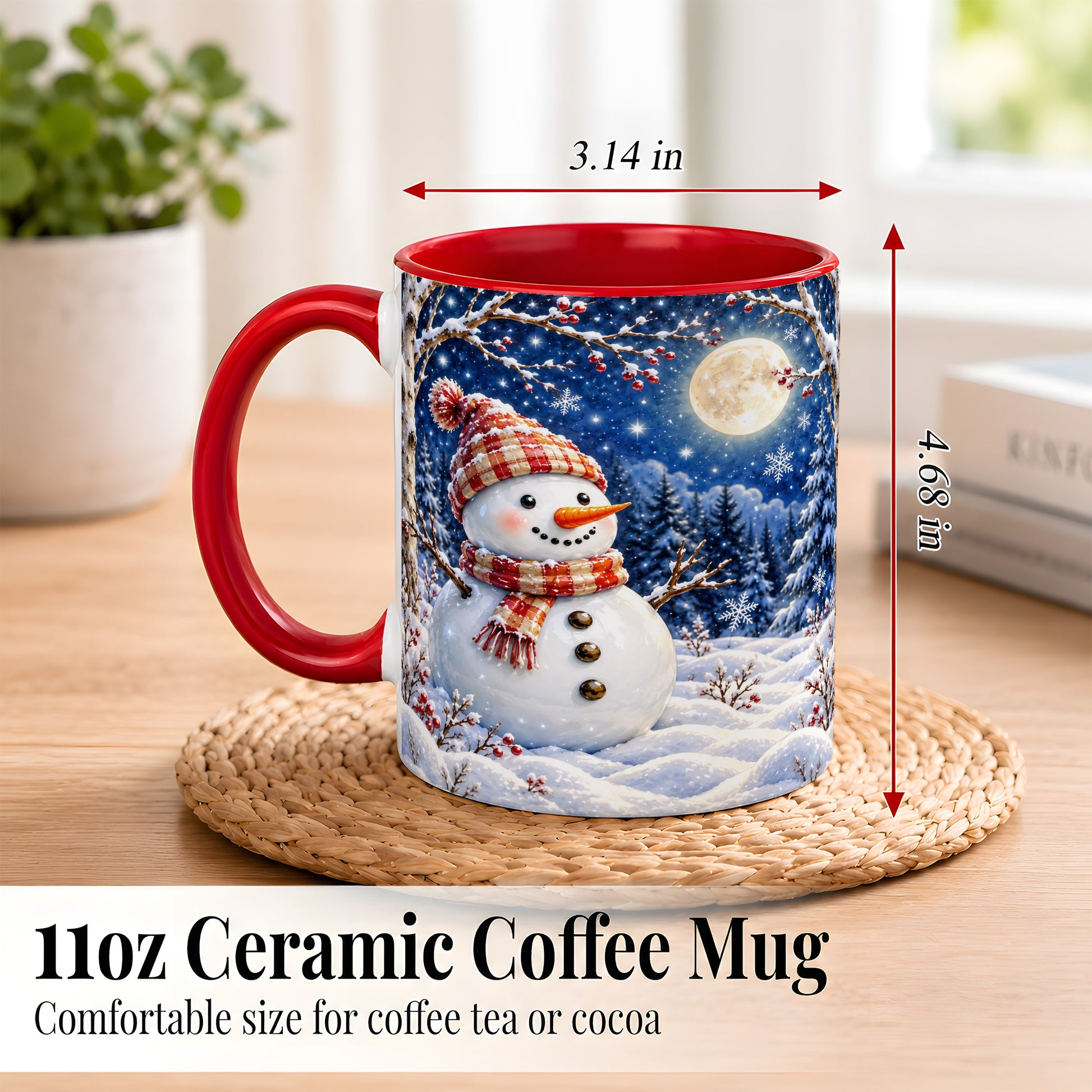 #pl[11oz|Red] Moon Snowman Coffee Mug, Snowy Forest Winter Mug, Ceramic Cup