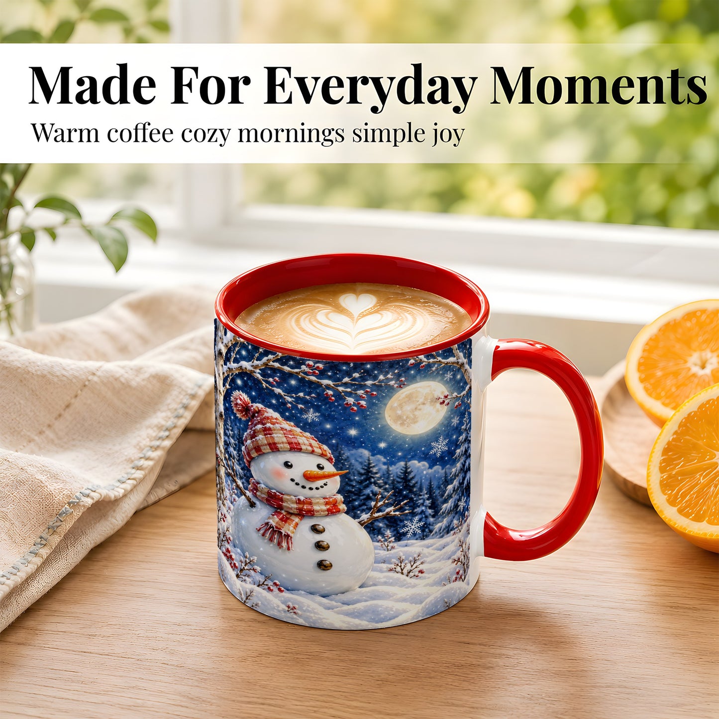 #pl[11oz|Red] Moon Snowman Coffee Mug, Snowy Forest Winter Mug, Ceramic Cup