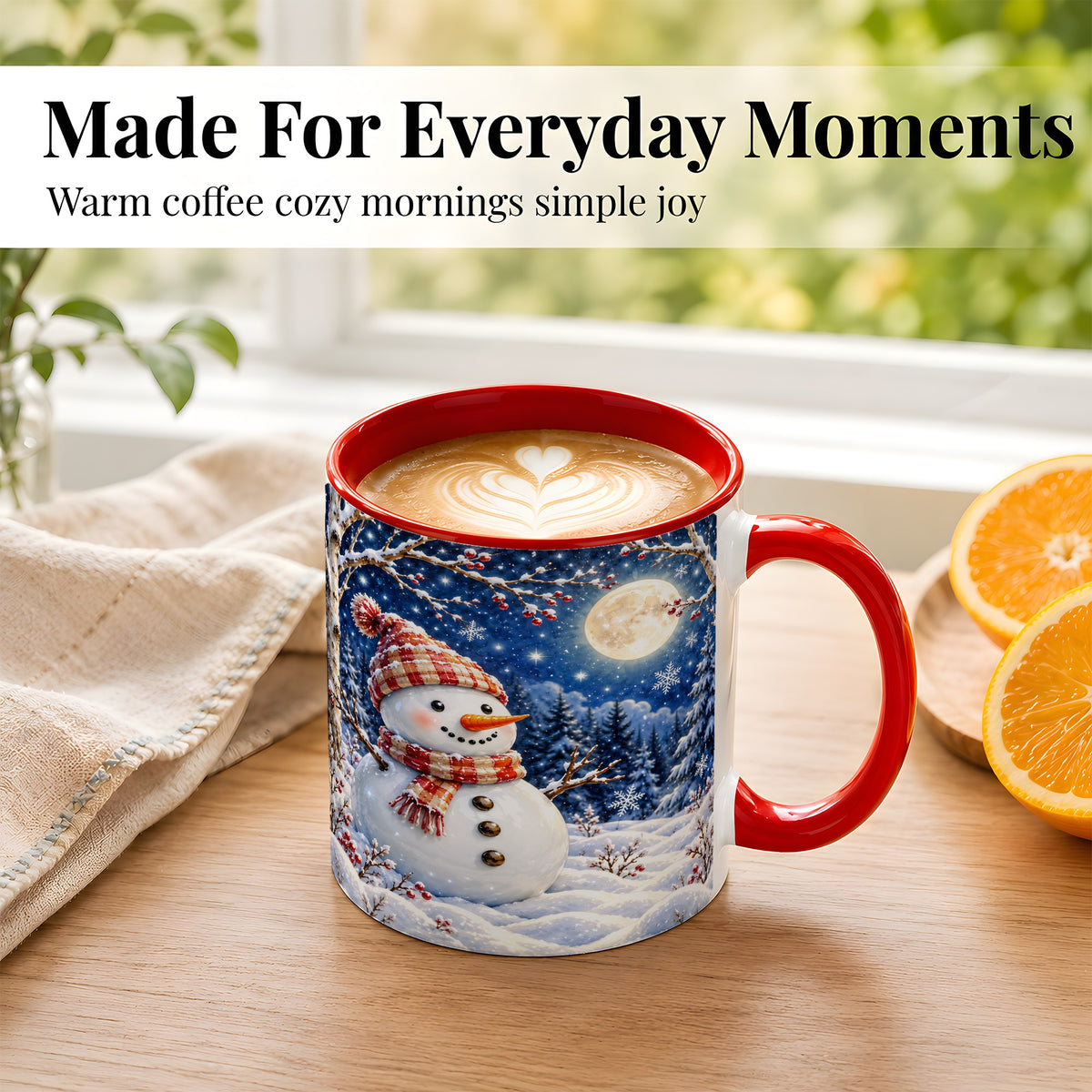 #pl[11oz|Red] Moon Snowman Coffee Mug, Snowy Forest Winter Mug, Ceramic Cup
