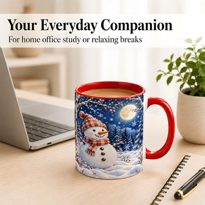 #pl[11oz|Red] Moon Snowman Coffee Mug, Snowy Forest Winter Mug, Ceramic Cup
