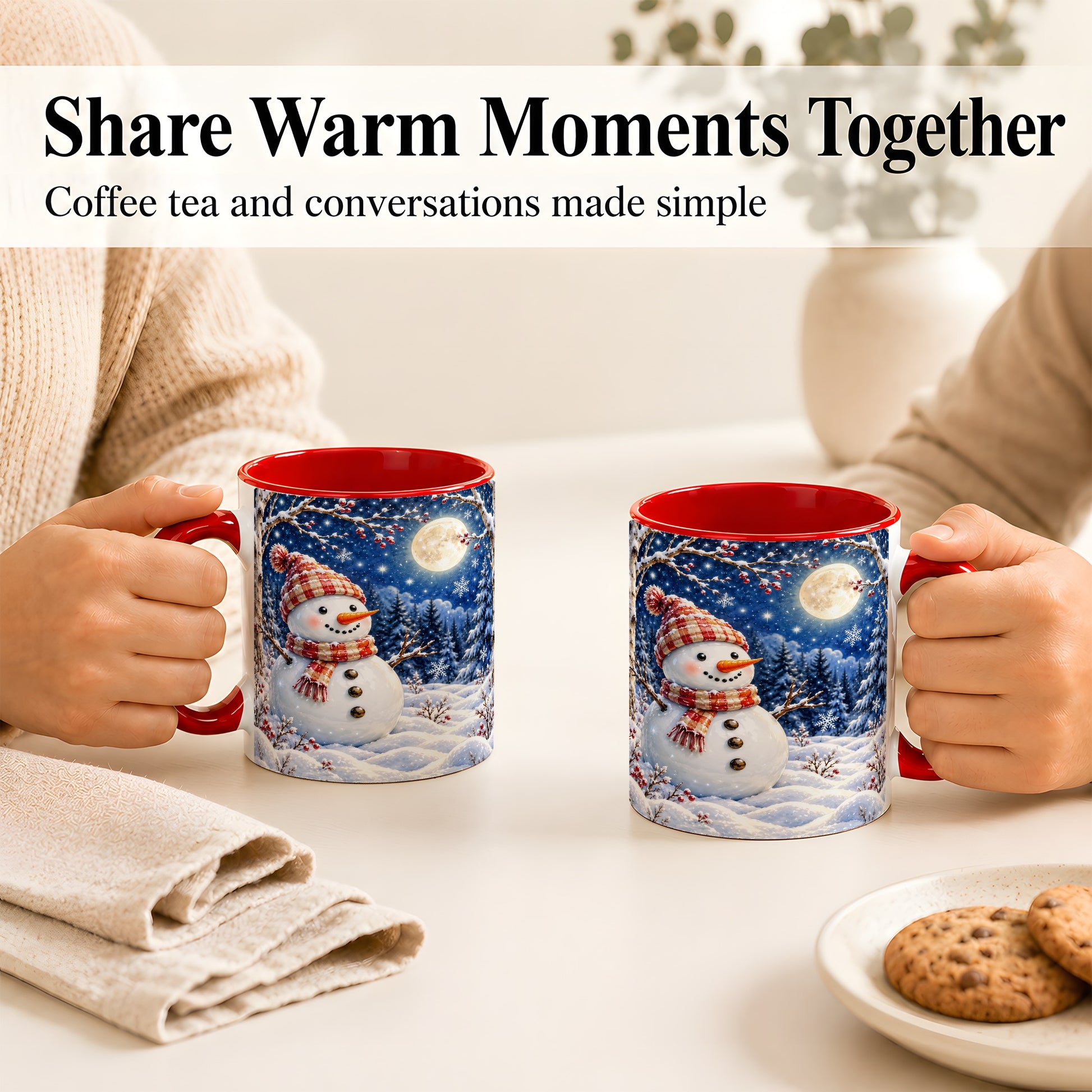 #pl[11oz|Red] Moon Snowman Coffee Mug, Snowy Forest Winter Mug, Ceramic Cup