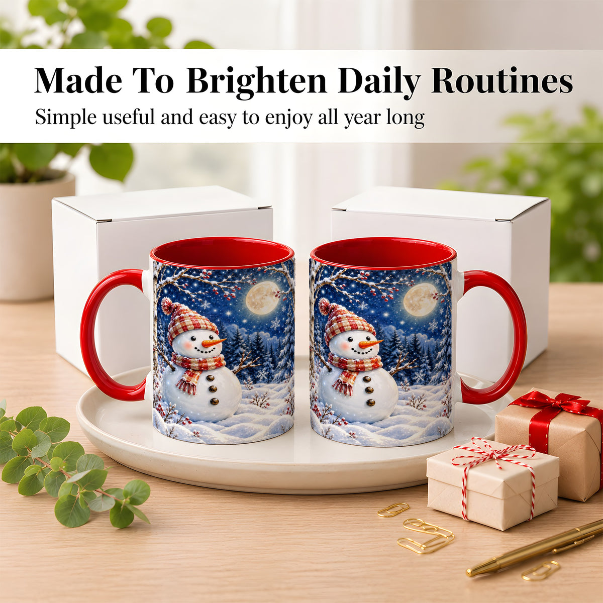 #pl[11oz|Red] Moon Snowman Coffee Mug, Snowy Forest Winter Mug, Ceramic Cup